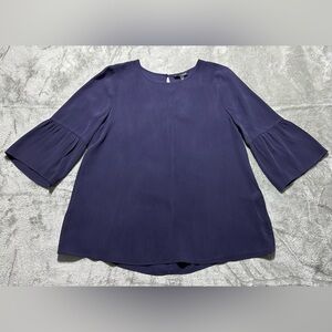 Eileen Fisher Silk George Crepe Blouse Womens S Purple Round Neck Flared Sleeve